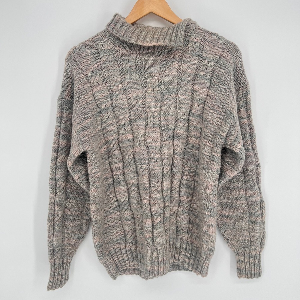 Unbranded Hand Knit Cable Knit Sweater Womens L Gray Pink High Neck Chunky